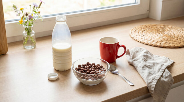 Healthy breakfast featuring chocolate cereal with milk, a bottle of fresh milk, and a red mug on a kitchen counter.