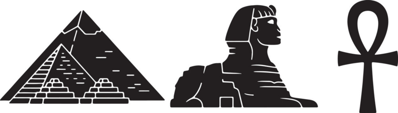 Egyptian symbols, ancient icons, pyramid, sphinx, ankh isolated on Transparent Background