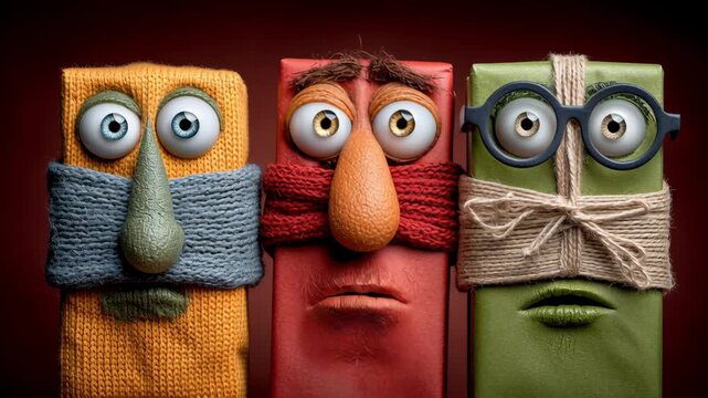 Colorful characters with expressive eyes and distinct facial features, featuring orange, red, and green figures with various textures and accessories against a dark background