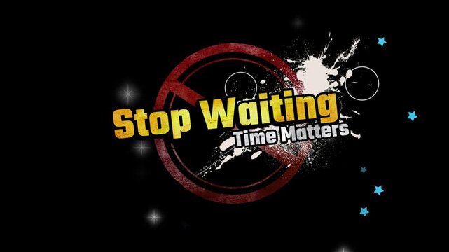 A creative design featuring a red prohibition sign with the word waiting and paint splatter on a black background with white stars and letters