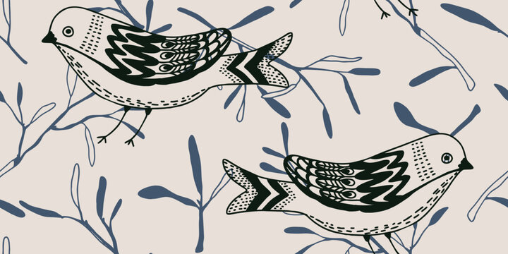 Seamless Folk Art Bird Pattern with Branches