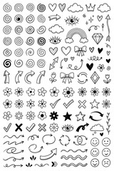 Naklejka premium hand drawn black and white doodles elements set with various symbols