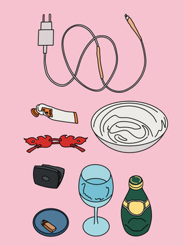 Colorful Lifestyle Doodle Vector Icon Set with Fire Sunglasses, Tray, Water Glass and Bottle, Makeup, Hand Cream, Incense and Charging Cable. Feminine Edgy Design Elements on Pink Background