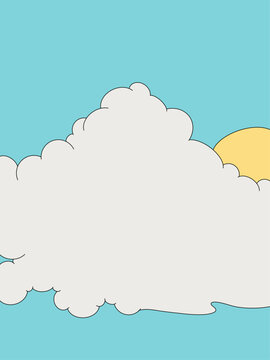 Vector Illustration of a Big Fluffy White Cloud on Light Blue Sky with Bright Sun on the Background