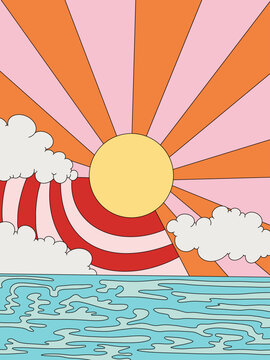 Abstract Panoramic Vector Beach Landscape with Clouds. Illustration of Tropical Sea in Wavy Lines. Sunset Sky, Calm Relaxing Seascape Horizon, Summer Vacation Poster. Vintage Travel Holiday Background