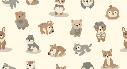 Obraz premium Cute cartoon animals pattern with dogs, bears, rabbits, and more on beige background