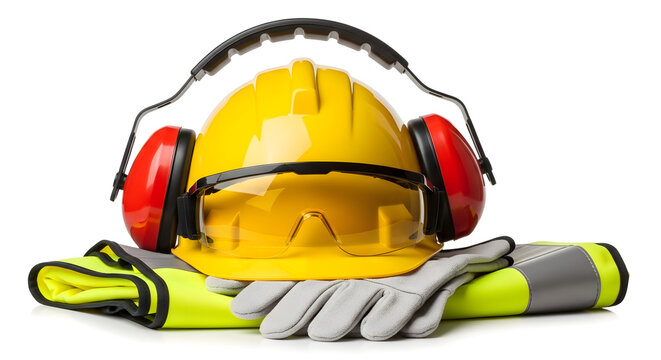 A yellow safety helmet with red ear protectors and gloves on a neon vest