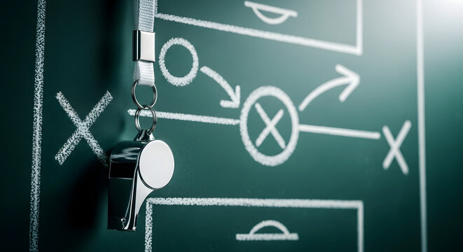 A whistle hangs on a green chalkboard with a sports strategy diagram drawn in white chalk.