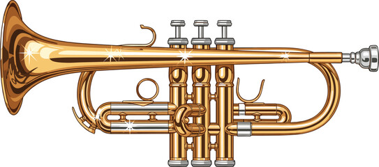 Realistic golden trumpet vector illustration musical brass instrument icon isolated on white background © Najmul