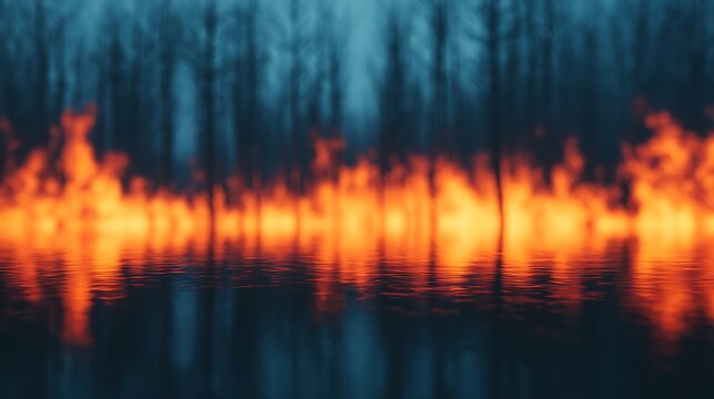 Intense wildfire burns through a forest at night, with flames reflecting on the water surface in the foreground.