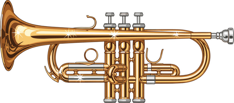Realistic golden trumpet vector illustration musical brass instrument icon isolated on white background