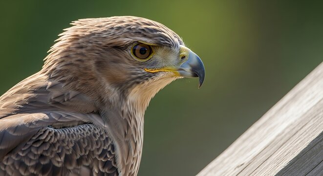 Majestic closeup view of a powerful bird of prey perched on wooden surface in natural light