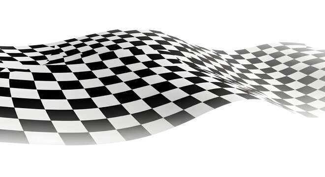 A checkered flag waves in the air with motion blur on a white background.