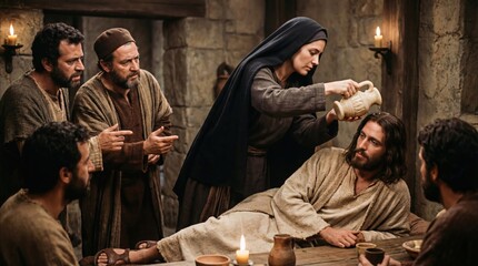 Fototapeta premium Jesus Christ is anointed by a woman during a biblical event. Christian Easter story depicting the anointing at Bethany for religious themed art.