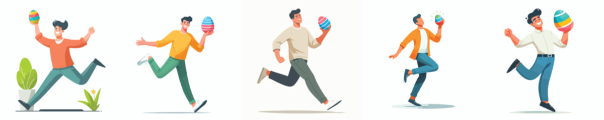 Fototapeta premium vector of a man dancing happily holding an Easter egg