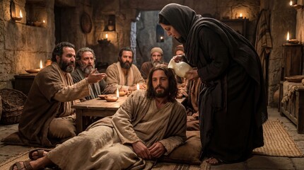Naklejka na ściany i meble Jesus reclining at table while a woman pours oil on his head. Biblical scene of anointing Jesus for religious or historical concept.