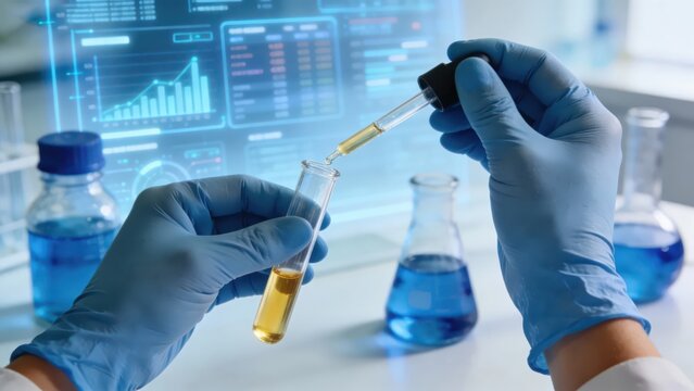 Researchers operate test tubes and droppers in the laboratory, combined with a digital technology screen, presenting a professional experimental scene for biotechnology and beauty R&D, making it a vis