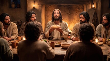 Man holds bread during Last Supper, with disciple men on table. Biblical scene for Easter, Christian church, resurrection concept.