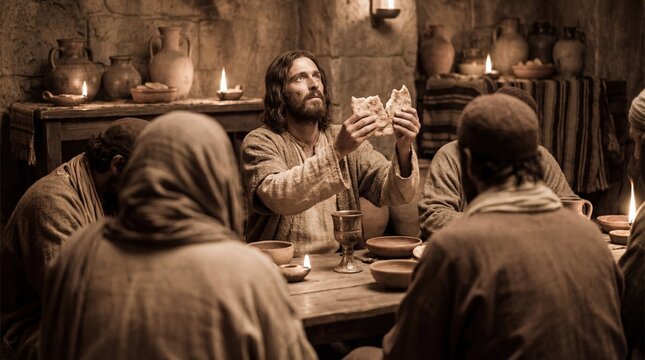 Man, Jesus Christ, breaking bread at the Last Supper with apostles. Biblical scene for Christian faith, Easter, and religious concepts.