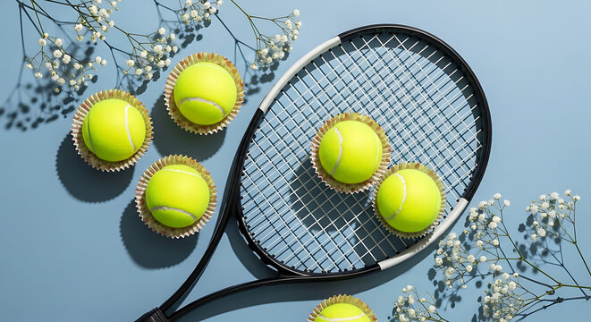 A tennis racket and several tennis balls arranged with delicate white flowers on a blue background, creating a whimsical and artistic composition.