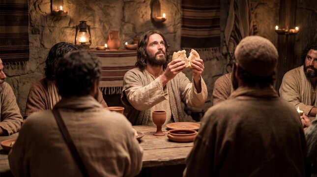 Jesus Christ holding broken bread during the last supper with disciples, a religious Christian Paschal concept for Easter.
