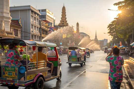 Vibrant Water Festival Street Celebration with Tuk Tuks and Golden Pagoda in Yangon Myanmar