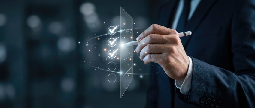 Enhancing business productivity through digital checklist implementation office infographic corporate environment close-up view technology innovation for better workflow management