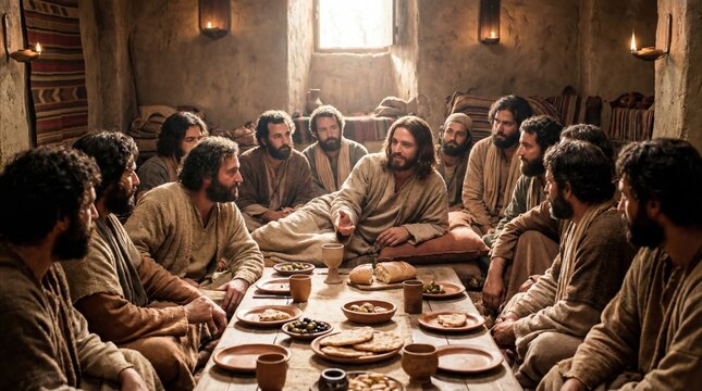 Jesus and his disciples at table during the Last Supper, an important event in the Christian Passion week, Easter and biblical concept
