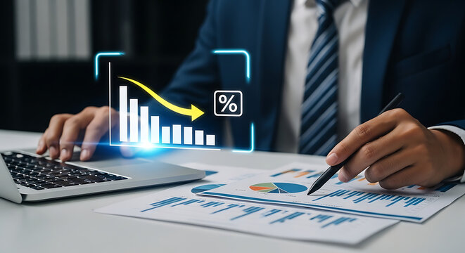 A businessman in a suit analyzes financial charts and graphs on a desk with a laptop, illustrating a declining market trend.