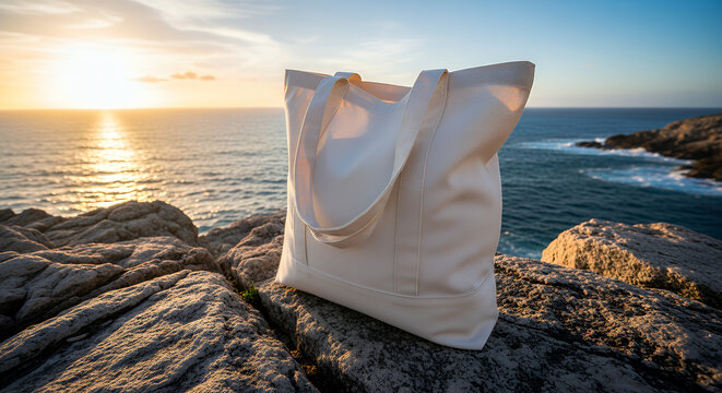 A white tote bag sits on a rocky cliff overlooking a vast blue ocean the sky is a soft blue and the sun is setting in the distance tote bag mockup mockup fabric bag tote blank canvas cloth design eco 