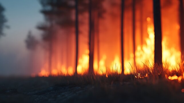 A forest fire burns intensely along the base of tall trees at dusk, with flames illuminating the scene and smoke rising in the background.