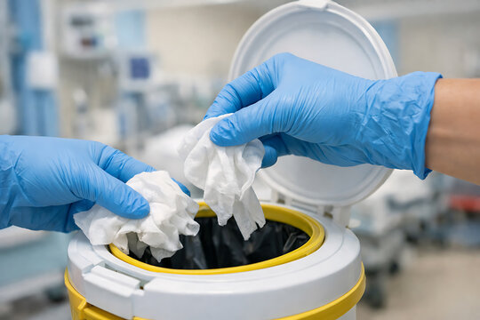 Gloved Hands Disposing Contaminated Medical Waste into Biohazard Container for Safe Healthcare Waste Management