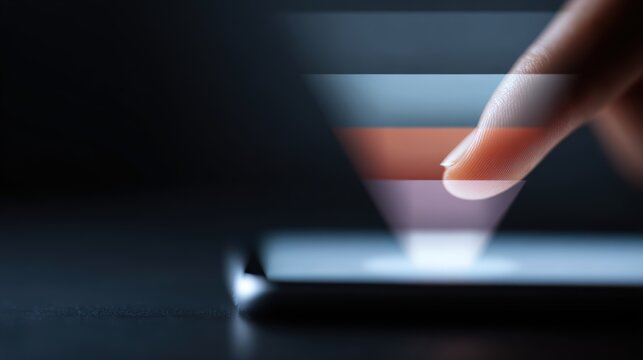 Finger selecting marketing funnel chart on phone, conversion optimization concept