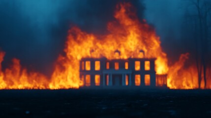 Fototapeta premium A miniature house model engulfed in intense flames, set against a dark smoky background.