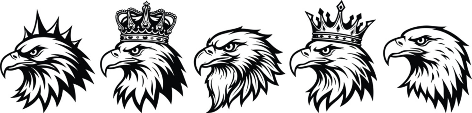 Five eagle head mascot logos with crowns and mohawks in black and white silhouette style isolated on transparent background
