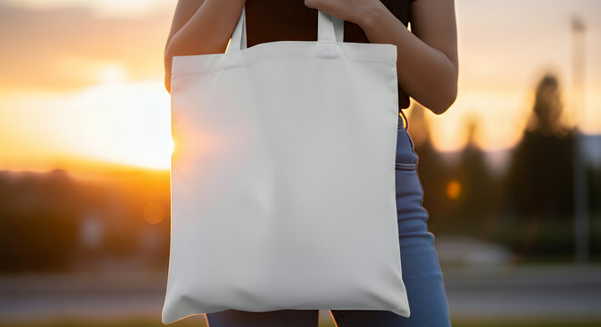 A woman is holding a blank solid white canvas tote bag outdoors during sunset the bag is shown in close-up highlighting its simple design and versatile use mockup tote bag mockup mockup fabric bag tot