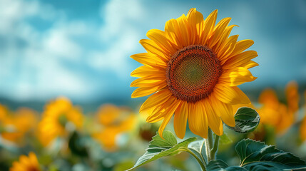 Obraz premium Sunflower field with cloudy blue sky. Sunflowers landscape