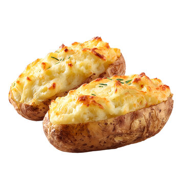 Twice baked potatoes, isolated on white background, realistic, studio lighting, centered, no shadow, transparent background