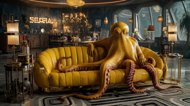 Octopus Relaxing on Yellow Sofa in Retro Nautical Lounge, Surreal Interior