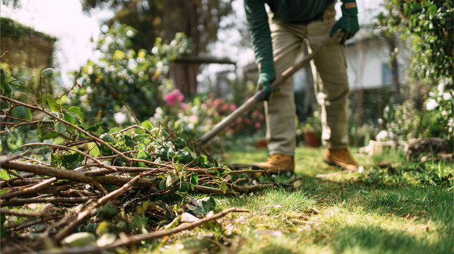 Gardener clearing fallen twigs and debris from a grassy backyard with a rake.