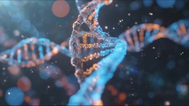 A digitally rendered DNA double helix with blue and orange particles floating