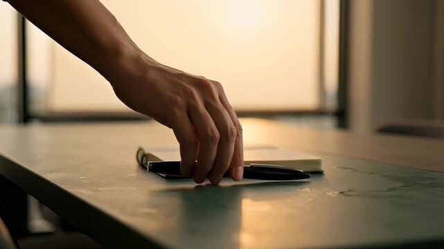 Hand Placing Pen on Open Notebook on Table With Water Drops in Warm Sunlight