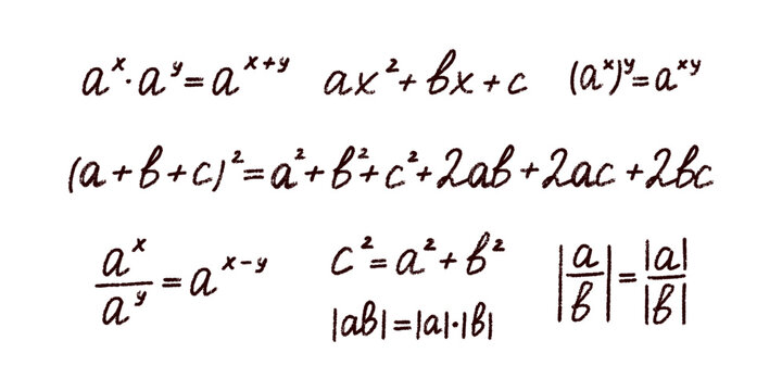 Handwritten mathematical formulas including algebra, exponents, and Pythagorean theorem. Educational scientific background. Chalk, crayon or marker style sketch of math formulas.