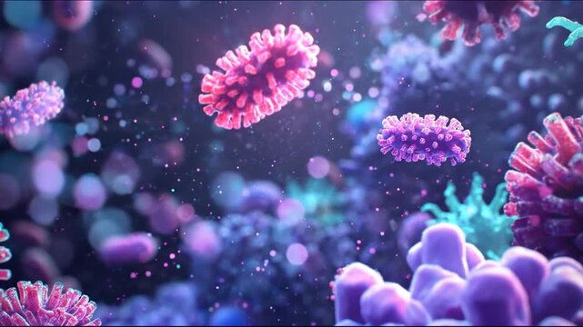 Microscopic view of various biological entities, showcasing vibrant colors and textured surfaces
