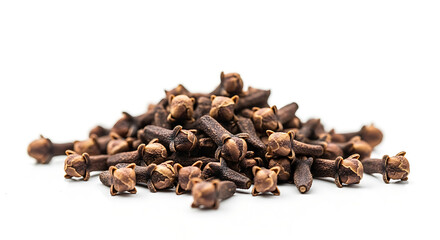 Obraz premium A pile of dried whole cloves, a fragrant spice used in cooking and baking, isolated on a white background.
