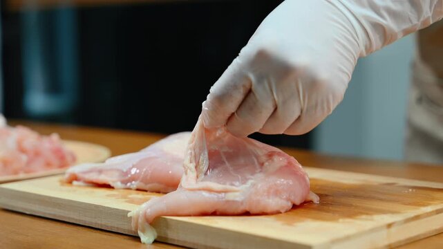 Close up of cutting raw chicken on wooden board, food preparation process, cooking, kitchen hygiene and fresh ingredients