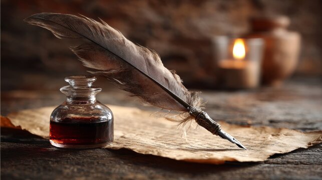 A beautifully crafted quill pen made from a single feather, poised over old parchment beside an inkwell and a softly glowing candle