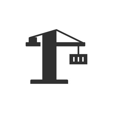 Harbor crane icon. Port cargo loading and maritime logistics equipment. Monochrome black and white symbol
