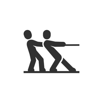 Two teams pulling rope in tug of war icon. Team competition and strength challenge. Monochrome black and white symbol