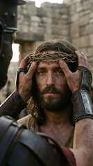 Fototapeta premium Roman soldier placing crown of thorns on head of Jesus Christ. Biblical scene of suffering and mockery before crucifixion. Historical religious depiction of passion of the Lord Christ.